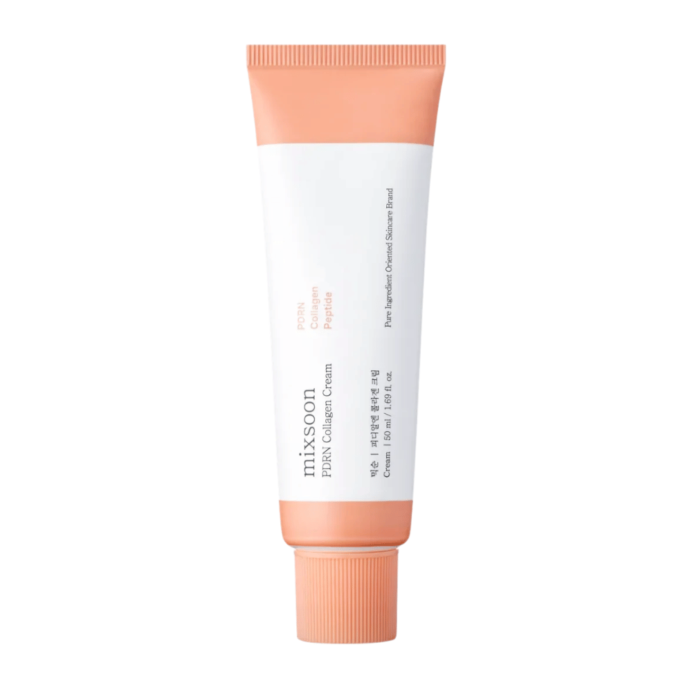 Mixsoon PDRN Collagen Cream in white and peach-colored tube, 50 ml. A moisturizing and collagen-boosting cream for smooth and youthful skin.