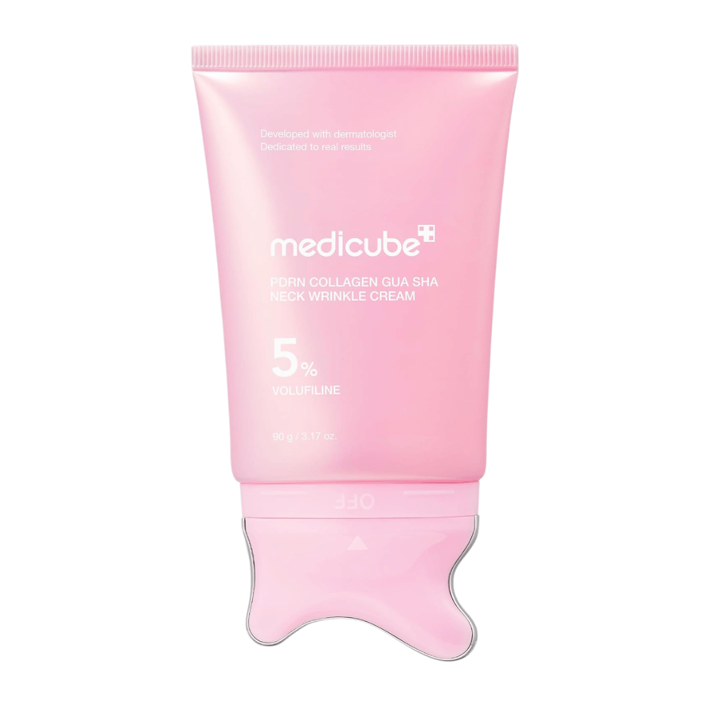 6. Medicube PDRN Collagen Gua Sha Neck Wrinkle Cream 90 g – pink tube with built-in gua sha applicator against a white background