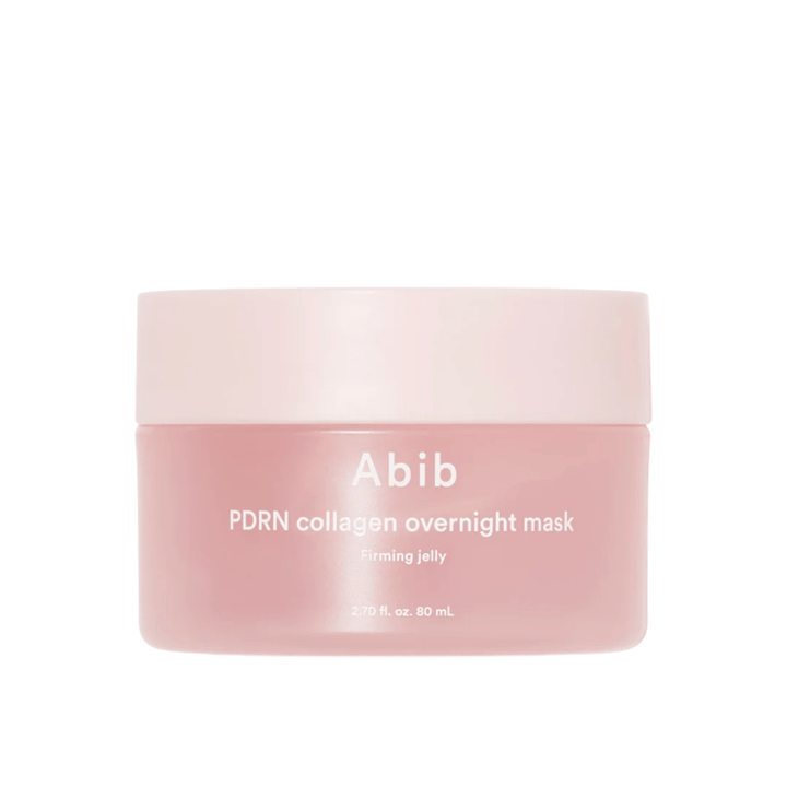 Minimalist product image of Abib PDRN Collagen Overnight Mask in a pink jar, focusing on the design and product name against a light background.