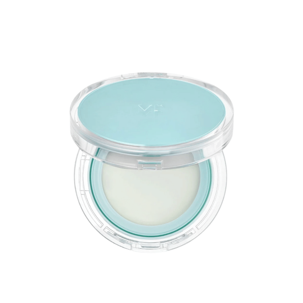 Open jar with VT PDRN Essence Glow Sun Pact. It has a white inner surface with a blue lid, designed to give a radiant result on the skin.