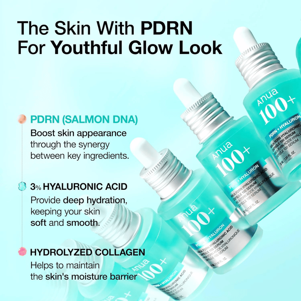 Anua PDRN Hyaluronic Acid Capsule 100 Serum is a powerful skincare product that contains PDRN (salmon DNA) to improve skin appearance, 3% hyaluronic acid for deep hydration, and hydrolyzed collagen to strengthen the skin's moisture barrier. Perfect for a youthful glow!
