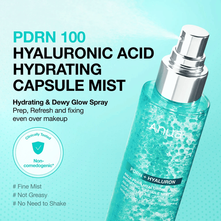 Product image with the spray function in focus. The text describes the product as a moisturizing mist that gives glow, can be used over makeup, and does not feel greasy.