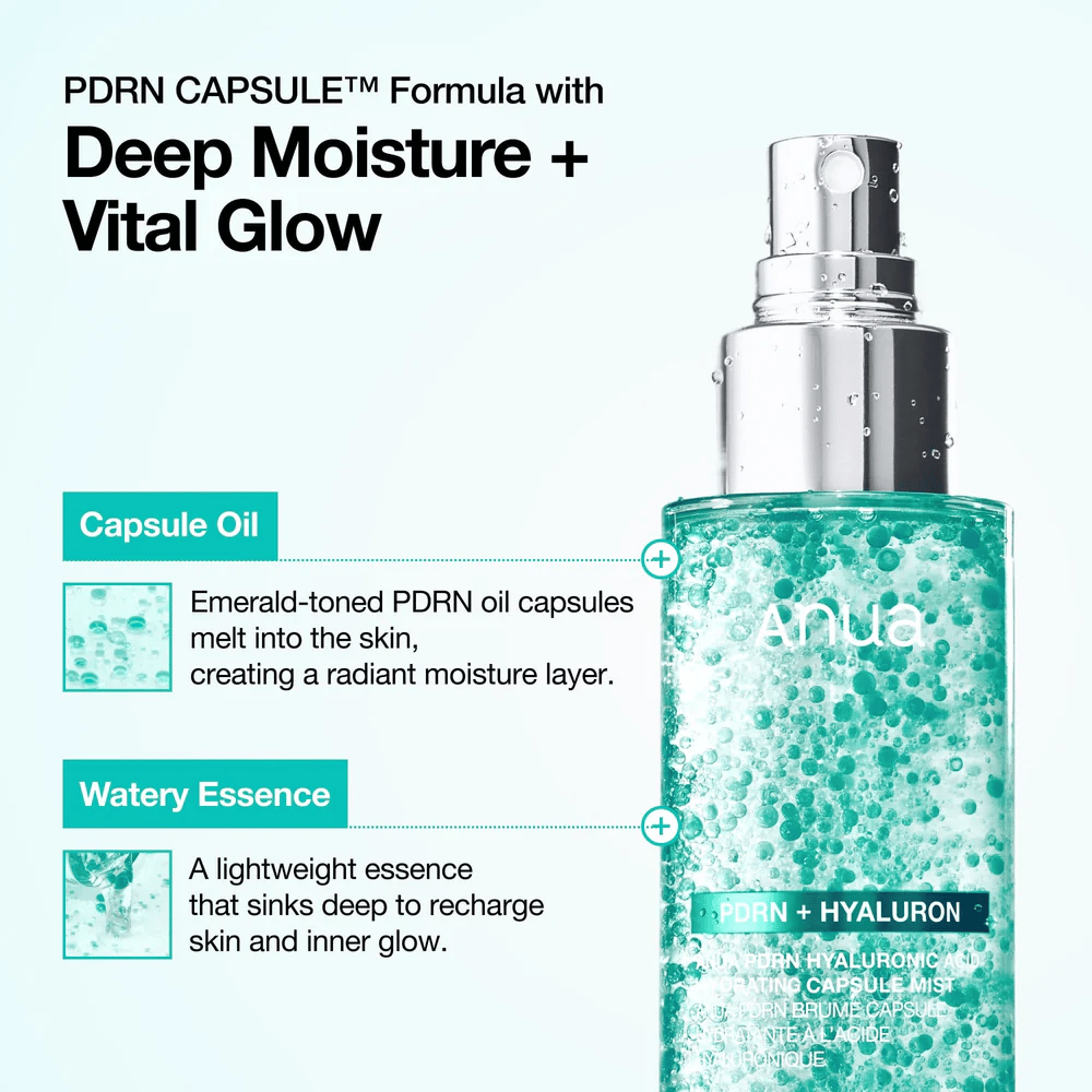 Close-up of the bottle with focus on the contents. The text describes the formula: oil capsules that melt into the skin and a light essence that provides deep hydration and radiance.