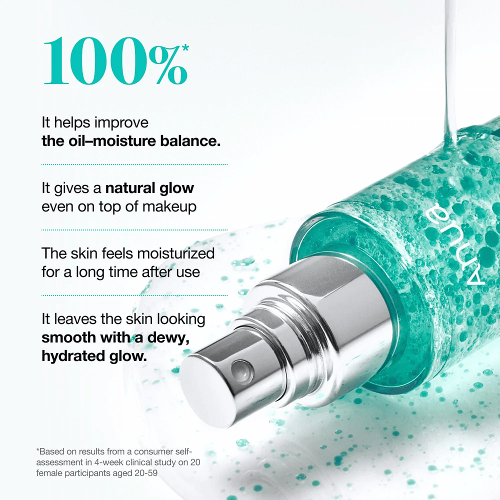 A product image where the bottle is lying down with green capsules visible in the liquid. The text highlights effects such as improved moisture balance, natural glow, and long-lasting hydration.