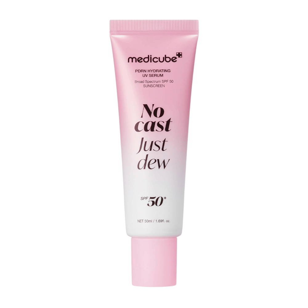 6. Medicube PDRN Hydrating UV Serum SPF 50+ 50 ml – pink and white tube with moisturizing sunscreen for the face