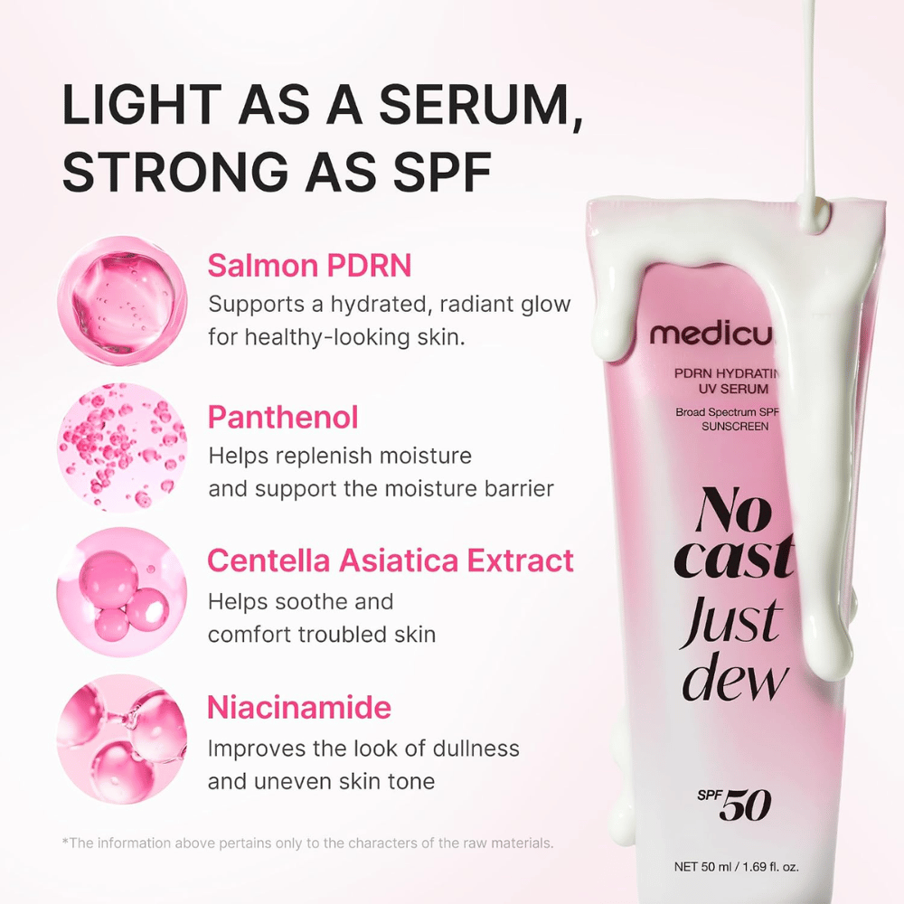 4. Medicube PDRN Hydrating UV Serum SPF 50+ – sunscreen with PDRN, panthenol, centella asiatica, and niacinamide