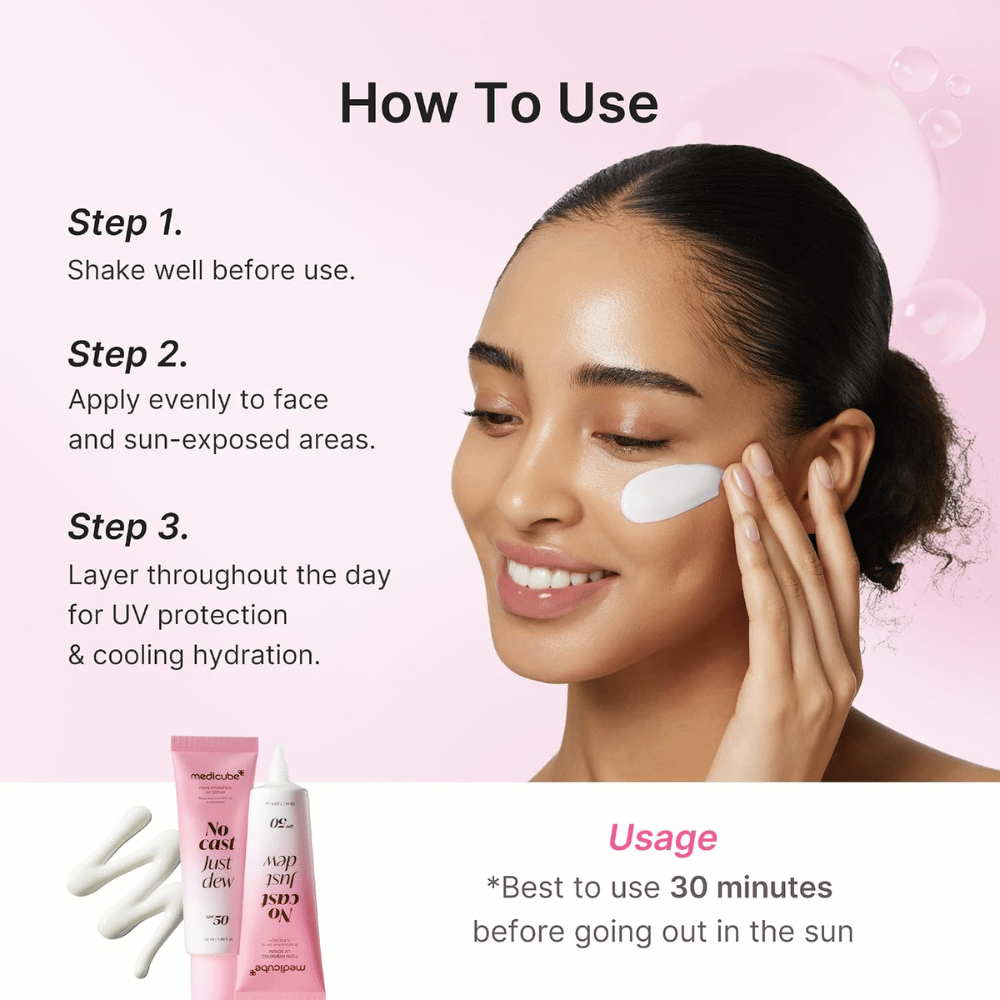 1. Medicube PDRN Hydrating UV Serum SPF 50+ – application of moisturizing sunscreen on the face with instructions for use