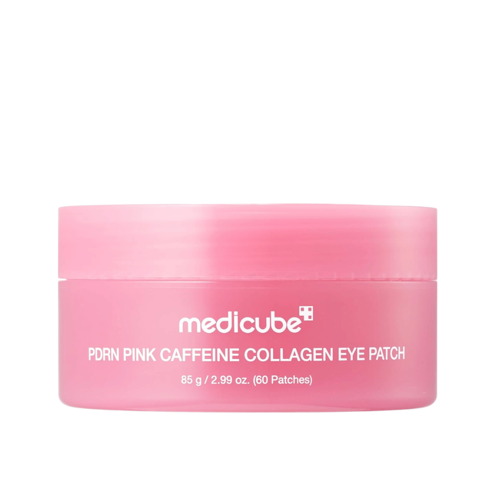 5. Medicube PDRN Pink Caffeine Collagen Eye Patch 60 pcs – pink jar with moisturizing hydrogel eye patches against a white background
