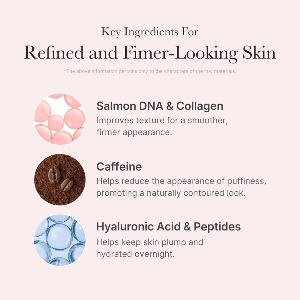 Medicube PDRN Pink Caffeine Night Wrapping Mask with PDRN, collagen, caffeine, hyaluronic acid, and peptides for hydrated and firmer skin.