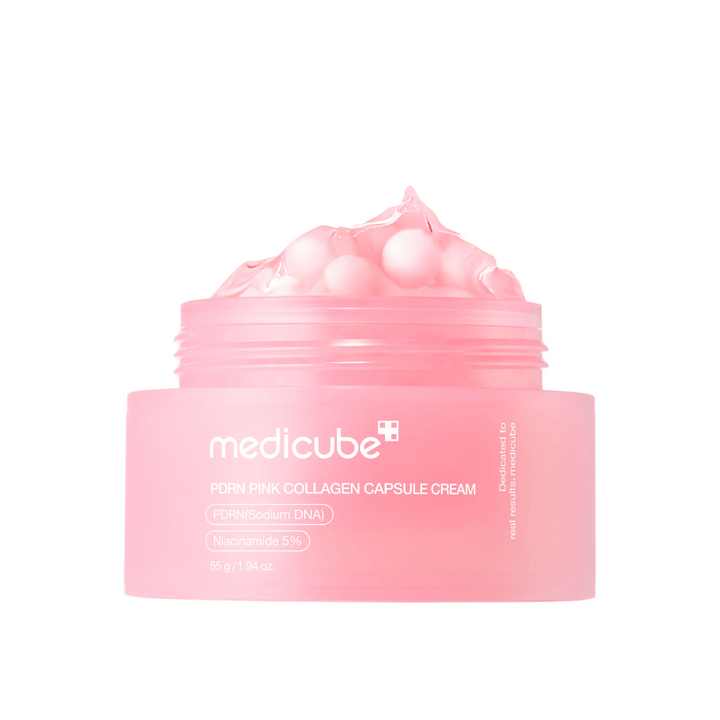 Product image of Medicube PDRN Pink Collagen Capsule Cream with visible pink capsules in a transparent pink jar, designed to hydrate and even out skin tone.