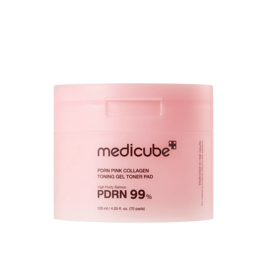 Medicube PDRN Pink Collagen Toning Gel Toner Pad in a pink jar with text showing 99% PDRN content and 120 ml, designed to improve skin's firmness and radiance.