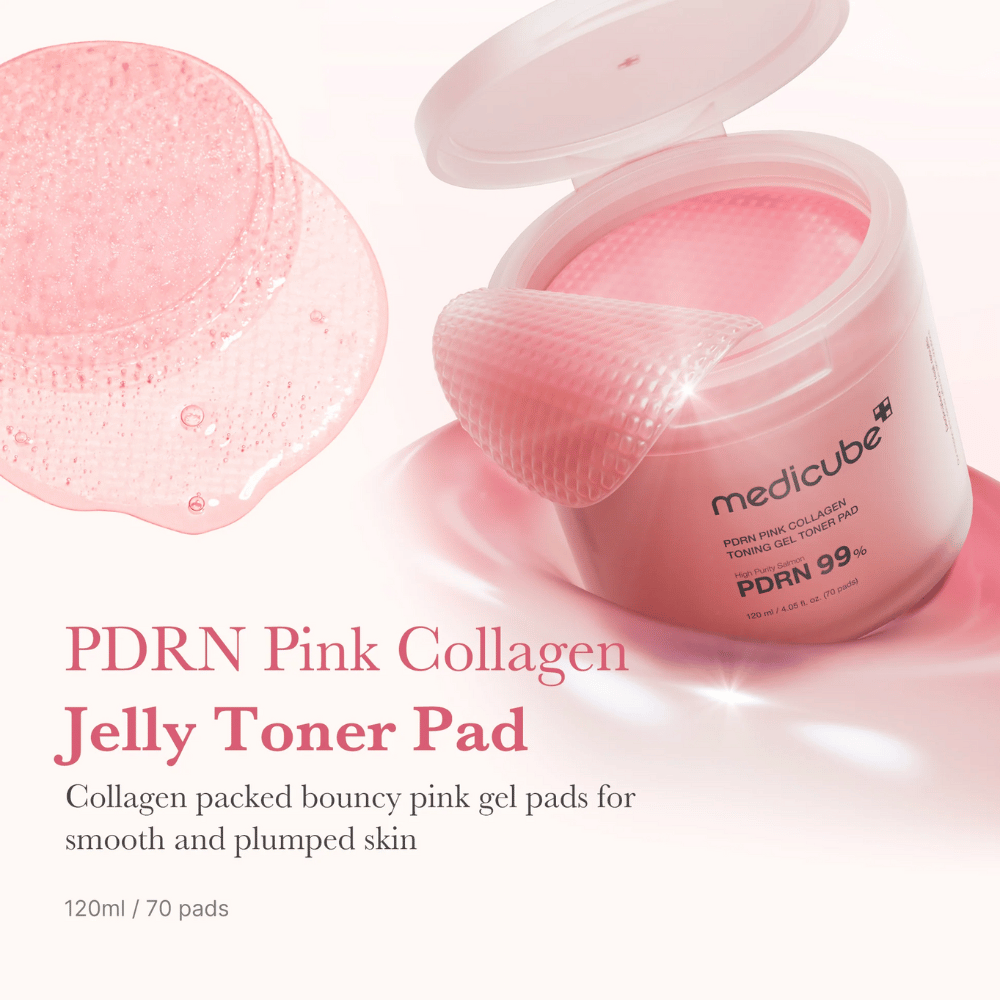 Open jar with Medicube PDRN Pink Collagen Jelly Toner Pads, with a raised pink gel pad and text describing collagen content for smooth and hydrated skin.