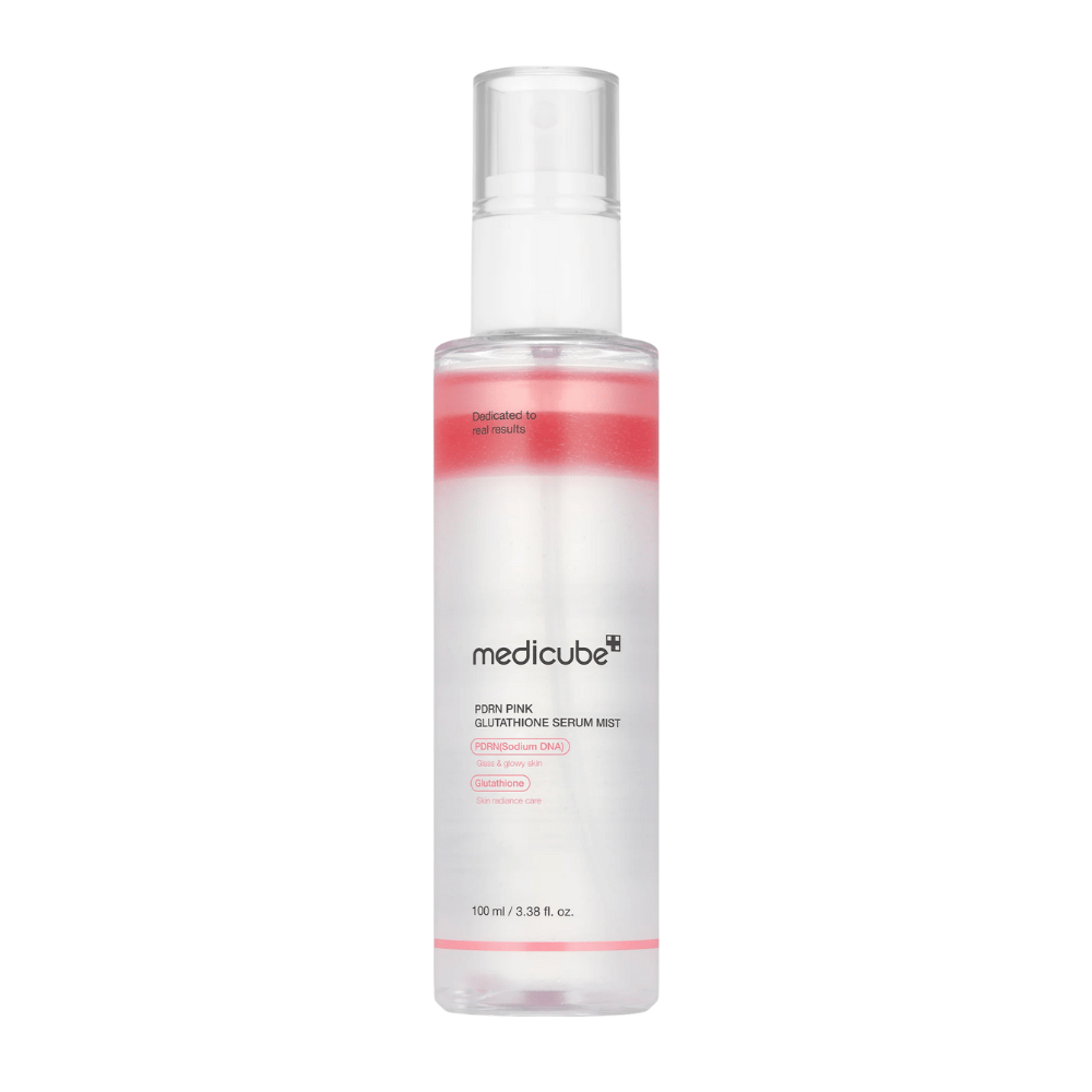 Medicube PDRN Pink Glutathione Serum Mist – face spray in a transparent bottle with pink layers, designed for radiance, hydration, and improved skin elasticity.