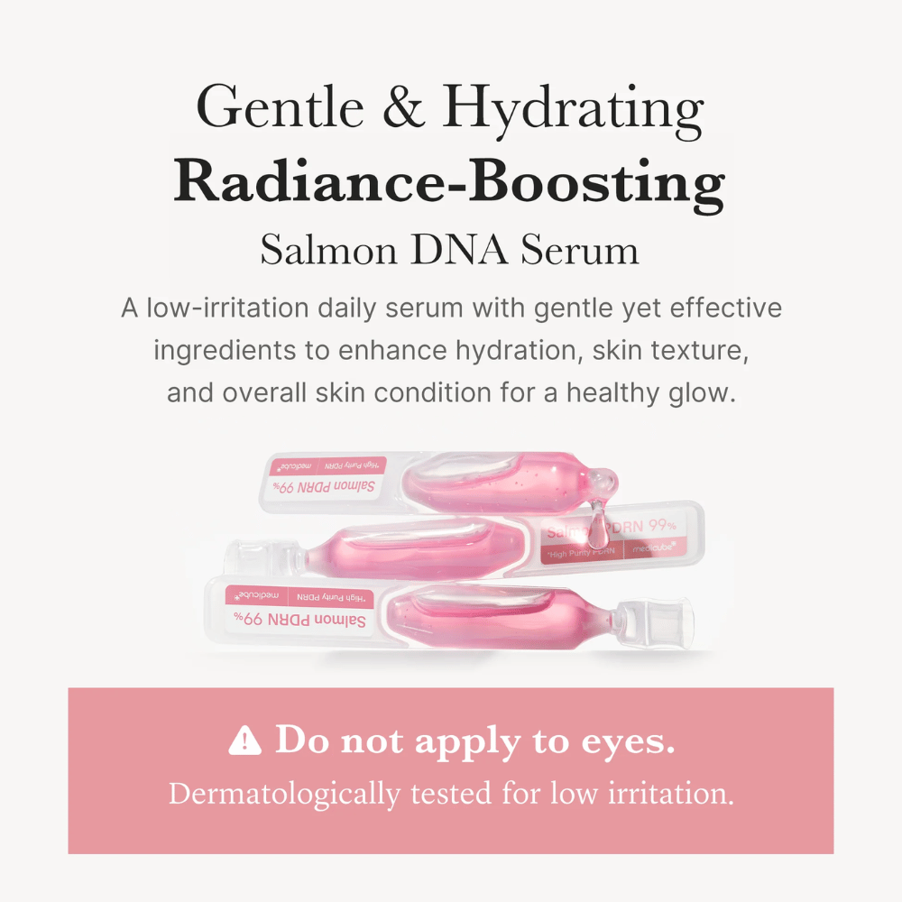 Medicube PDRN Pink One Day Serum in ampoule format. The image describes a moisturizing serum with salmon DNA (PDRN) that is dermatologically tested for low irritation and developed for daily use.