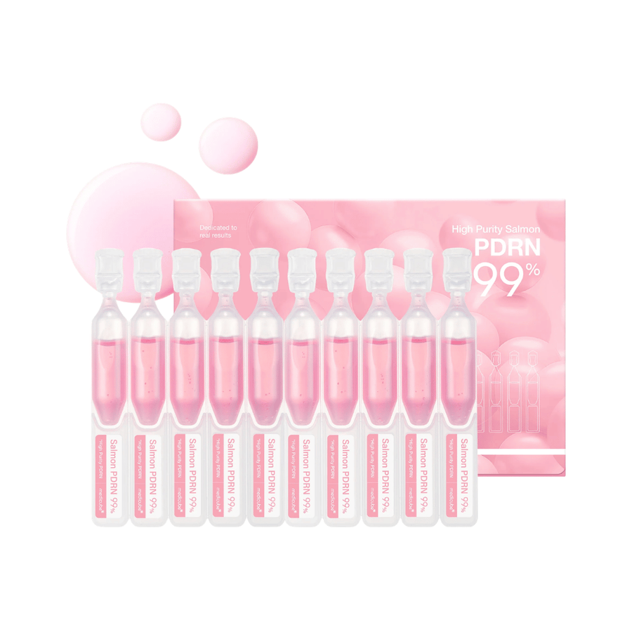 Medicube PDRN Pink One Day Serum Set with ten individual ampoules and product packaging. The set contains serum with 99% highly refined salmon-PDRN for hydration, radiance, and daily skincare.