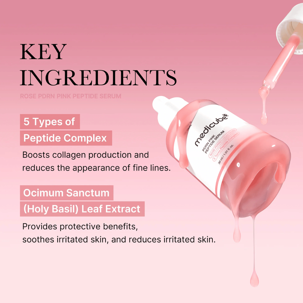 Medicube Rose PDRN Pink Peptide Serum – Nourishing serum for firmer and calmer skin.

💖 5 types of peptide complexes – Stimulates collagen production and reduces fine lines.
🌿 Ocimum Sanctum (Holy Basil) extract – Protects, soothes, and reduces irritation.

Perfect for more even, hydrated, and radiant skin!
