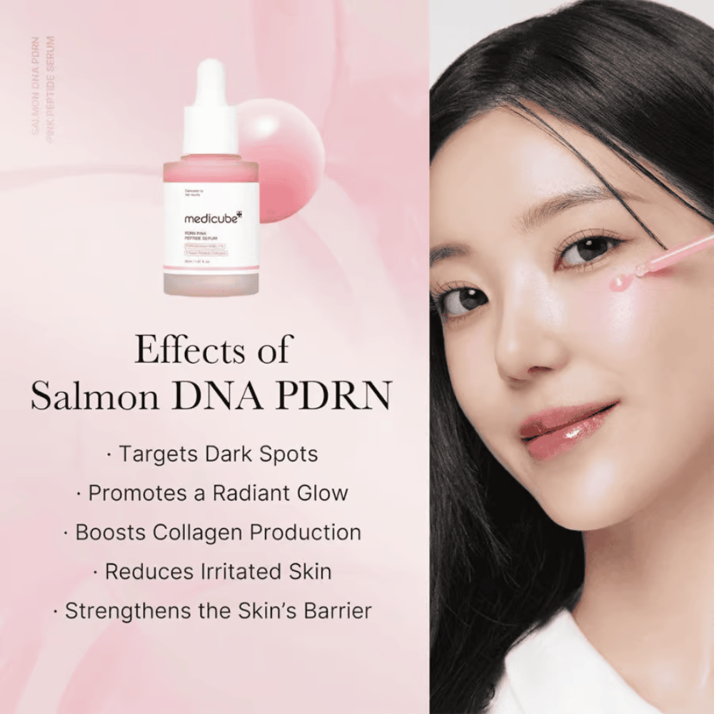 Medicube PDRN Pink Peptide Serum with salmon DNA PDRN. Model applies pink serum to the cheek with a dropper.