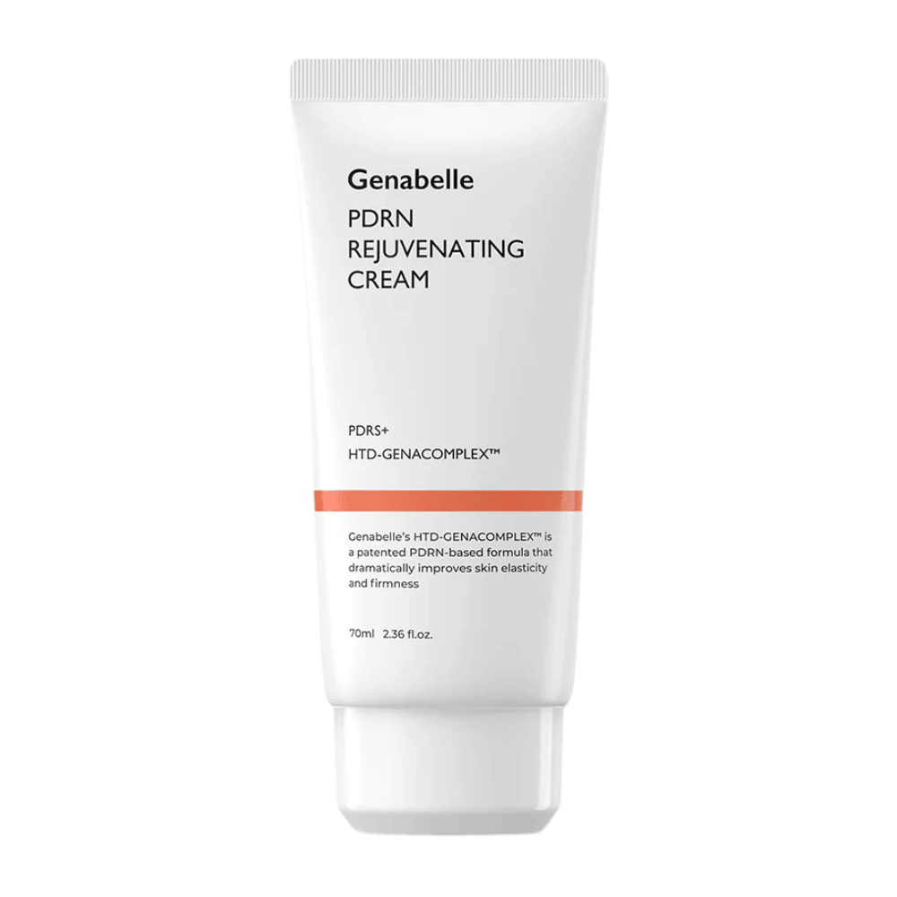 Product image of Genabelle PDRN Rejuvenating Cream in a white tube against a white background. Moisturizing facial cream with PDRN and HTD-GENACOMPLEX™ that helps improve the skin's elasticity and firmness.