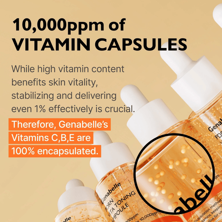Genabelle PDRN Vita Toning Ampoule with encapsulated vitamins in the serum that highlight a radiance-boosting formula with vitamins C, B, and E for glow and skin vitality.