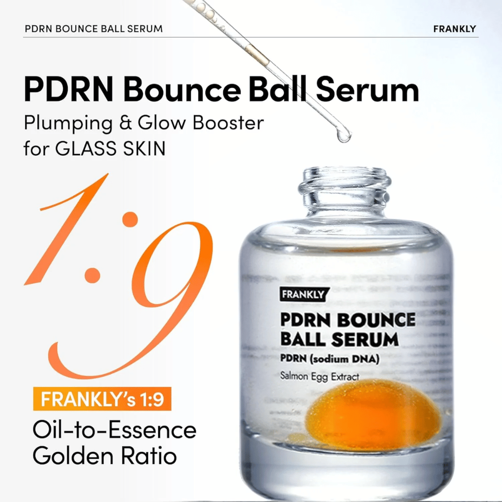 FRANKLY PDRN Bounce Ball Serum – moisturizing and firming serum with a unique 1:9 oil-to-essence ratio for a glass skin effect.