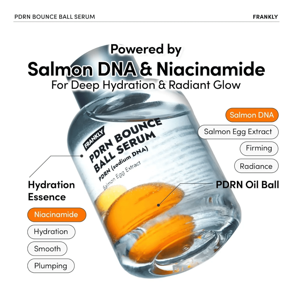 FRANKLY PDRN Bounce Ball Serum with salmon DNA and niacinamide – deep hydration, elasticity, and radiant glow.