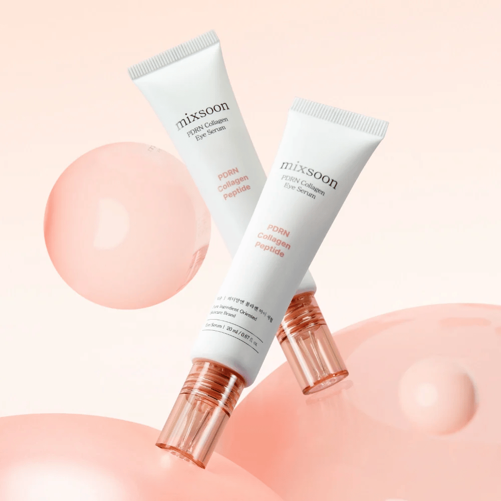 Mixsoon PDRN Collagen Eye Serum against a background with pink bubbles. A radiance-boosting eye serum with PDRN, collagen, and peptides.