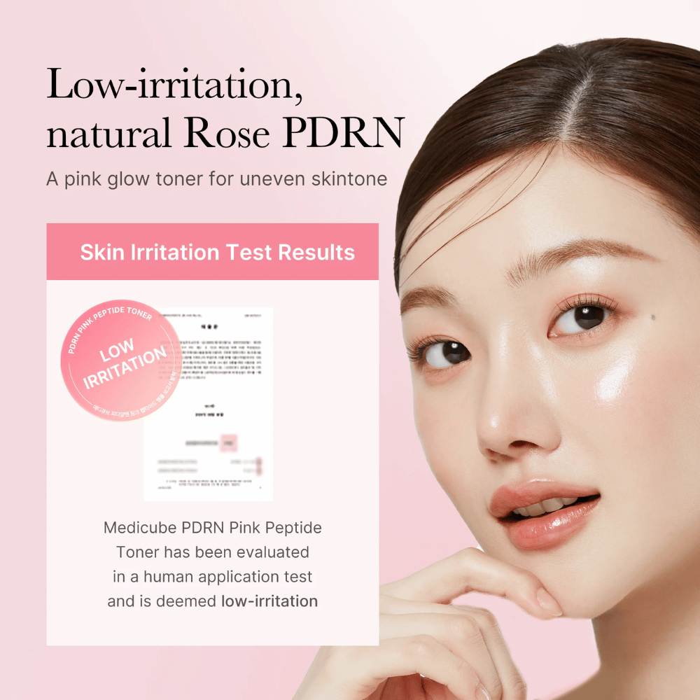 Medicube PDRN Pink Peptide Toner tested for low irritation, shown alongside a model with smooth and glowy skin.