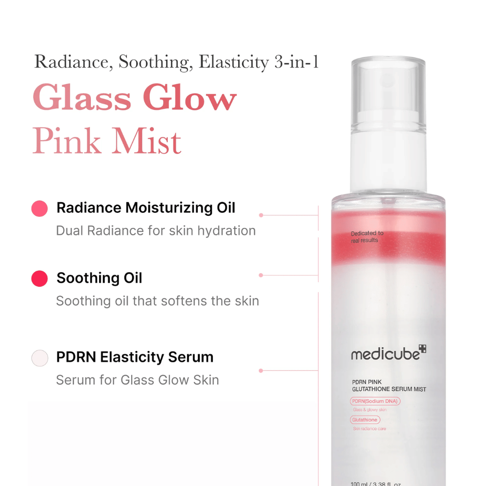 Product image of Medicube PDRN Pink Glutathione Serum Mist with three layers: hydrating oil, soothing oil, and PDRN-serum for radiance, elasticity, and soft skin.