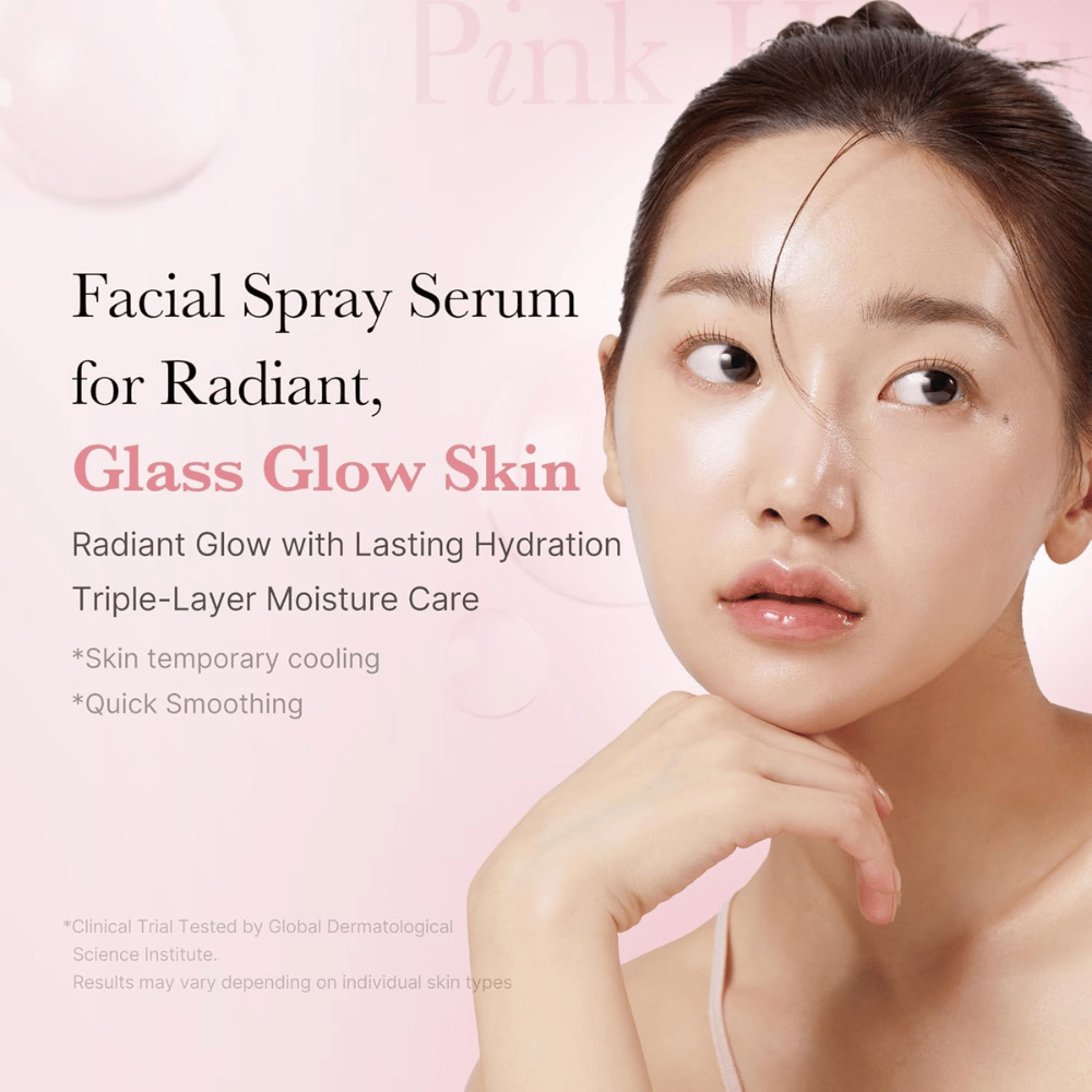 Woman with glossy, hydrated skin illustrating the effect of a face serum in spray form for 'Glass Glow Skin'. Text on the image describes moisture, cooling effect, and quick smoothing.