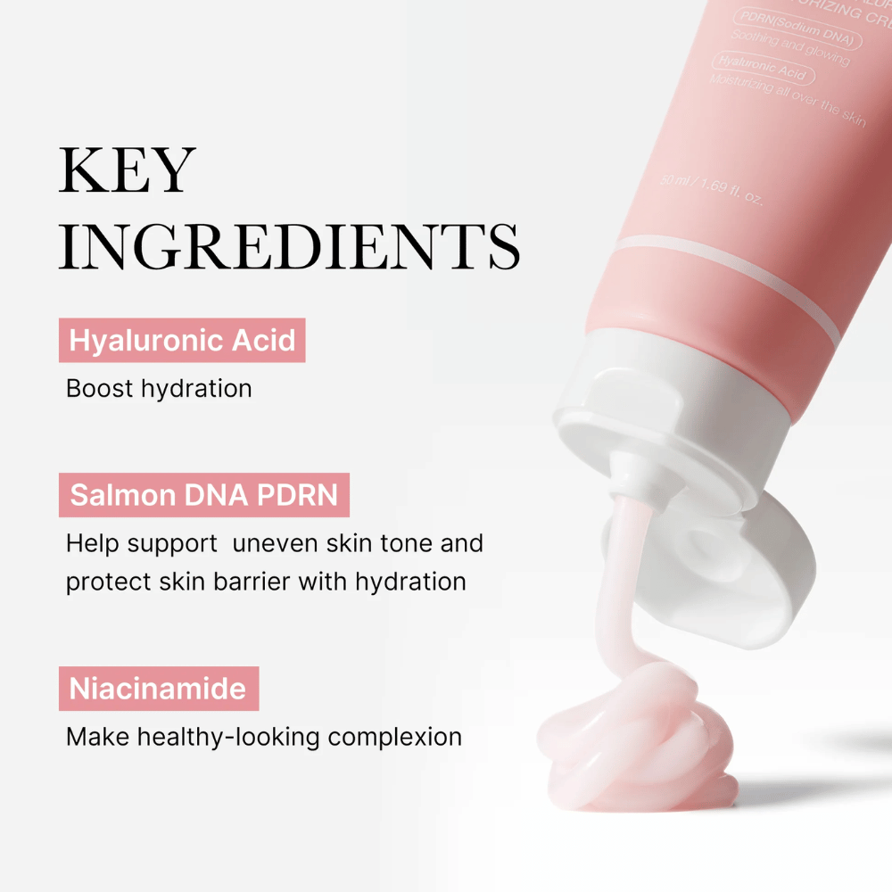 Medicube PDRN Pink Hyaluronic Moisturizing Cream with key ingredients hyaluronic acid, salmon DNA PDRN and niacinamide, shown with pink cream from the tube.