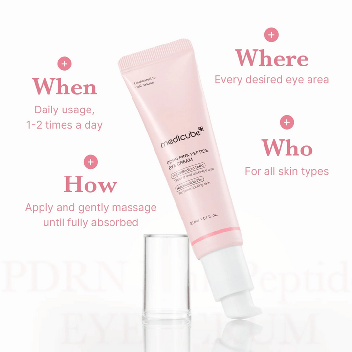 Medicube PDRN Pink Peptide Eye Cream, 30 ml tube. Eye cream with PDRN and 5% niacinamide. Use 1-2 times daily around the eyes. Suitable for all skin types.