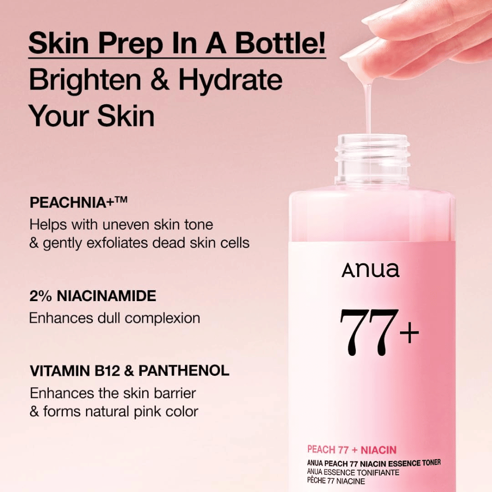 Anua Peach 77 Niacin Essence Toner in a pink bottle, with text emphasizing PEACHNIA+, 2% niacinamide, as well as vitamin B12 and panthenol to brighten the skin and strengthen the barrier.