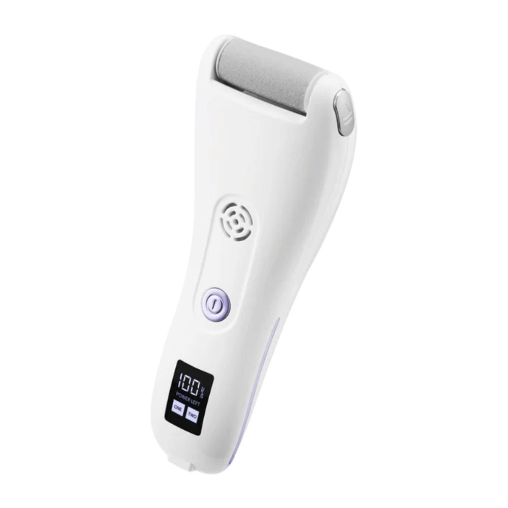9. BAREN Pedi Mate Dual Power Vacuum Type Electric Callus Remover – white rechargeable electric foot file with digital display and purple details