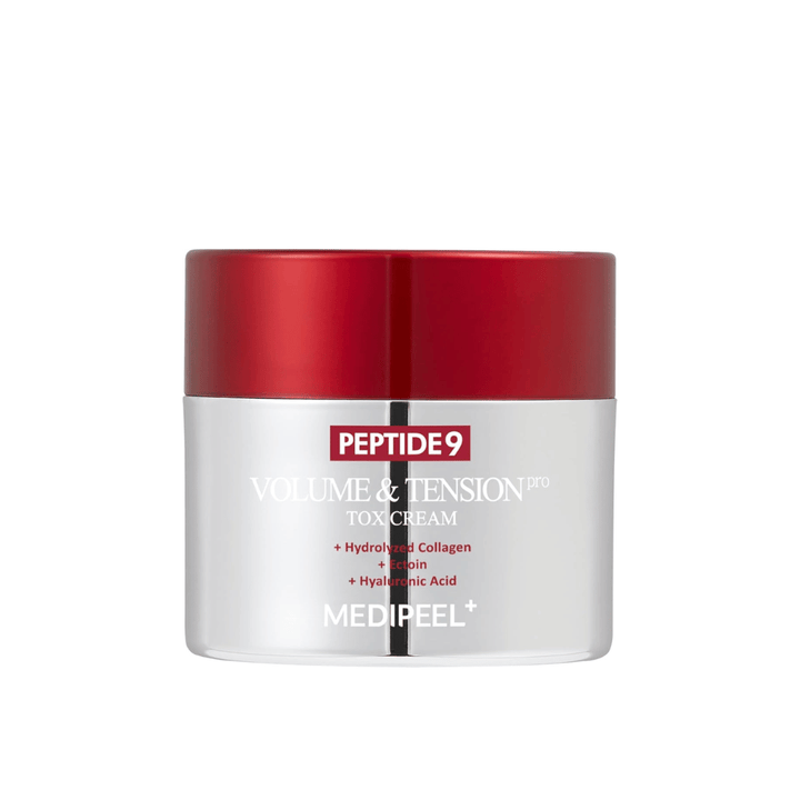 MEDI-PEEL Peptide 9 Volume & Tension Tox Cream i silverburk med rött lock. En anti-aging-kräm med peptider och kollagen som stärker hudens elasticitet.