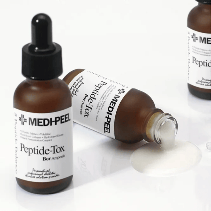 MEDI-PEEL Peptide-Tox Bor Ampoule with visible serum texture – anti-aging serum with peptide complex that provides increased elasticity, plumped skin, and smoother skin texture.