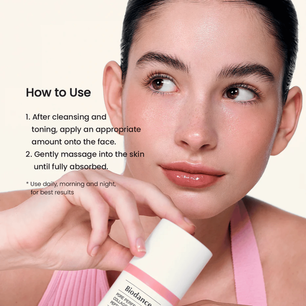 Biodance Pore Perfecting Collagen Peptide Cream application after cleansing – hydrating and firming facial cream with peptides and collagen