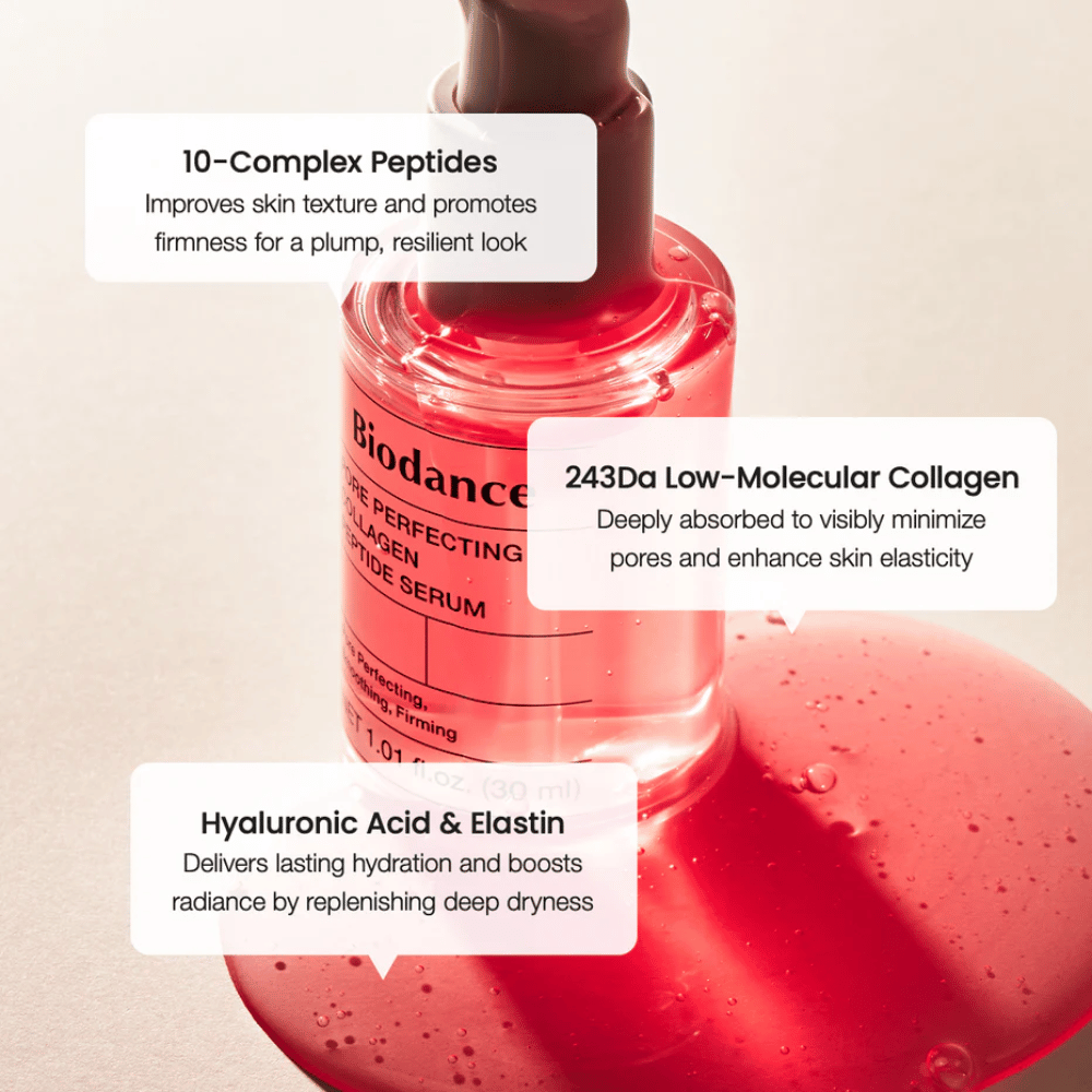 Biodance Pore Perfecting Collagen Peptide Serum with peptides, collagen, and hyaluronic acid for firmer skin.
