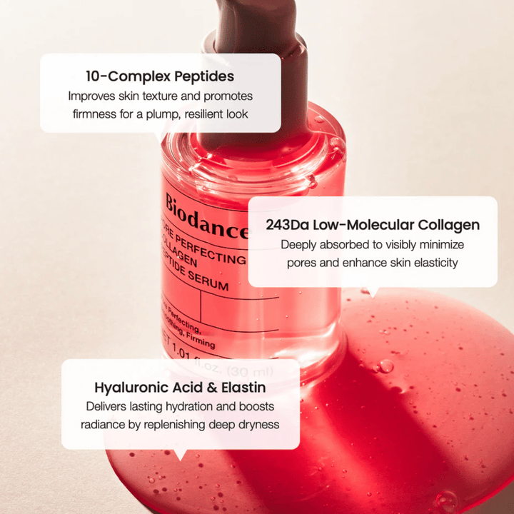 Biodance Pore Perfecting Collagen Peptide Serum with peptides, collagen, and hyaluronic acid for firmer skin.