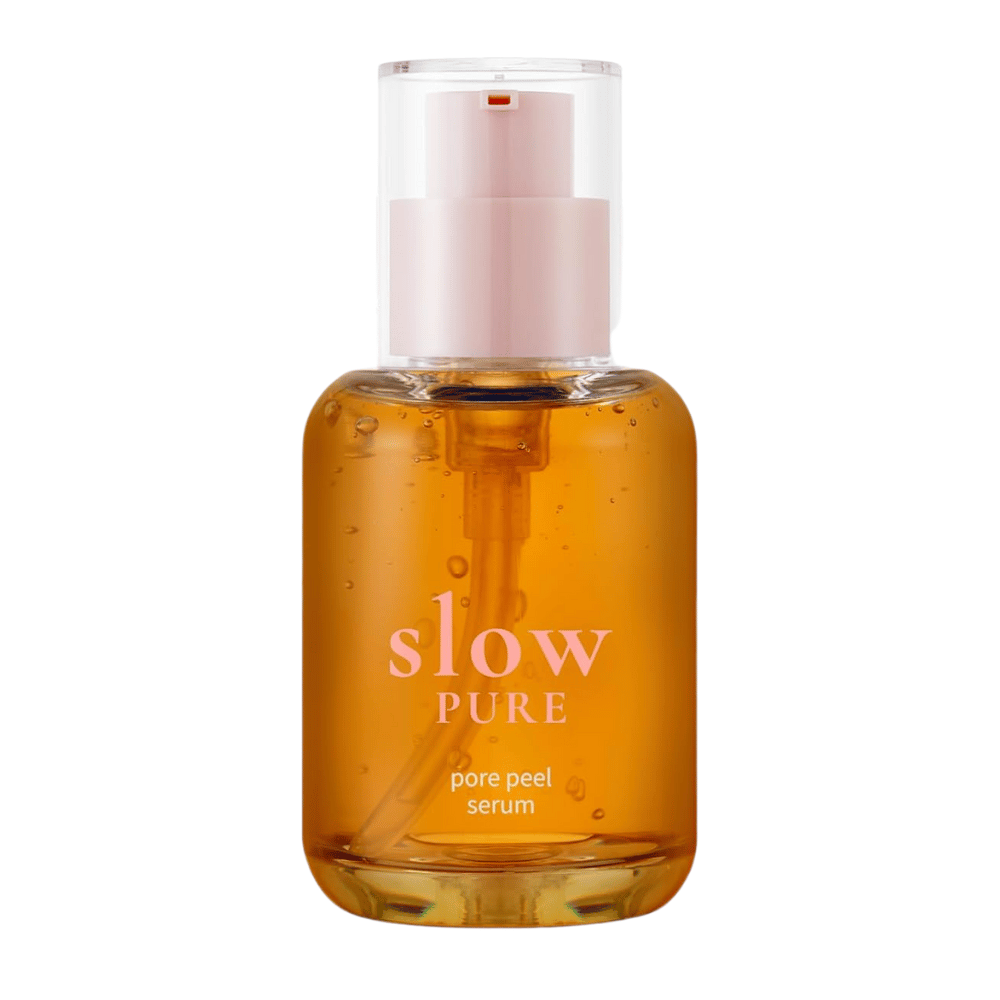 Slow Pure Pore Peel Serum in glass bottle with pump, filled with exfoliating amber-colored serum.