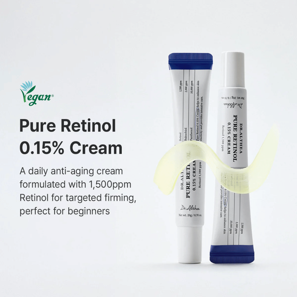 Marketing image presenting Dr. Althea Pure Retinol 0.15% Cream as a daily retinol cream for beginners. The product is shown together with a sweeping cream texture that highlights the light and soft formulation.