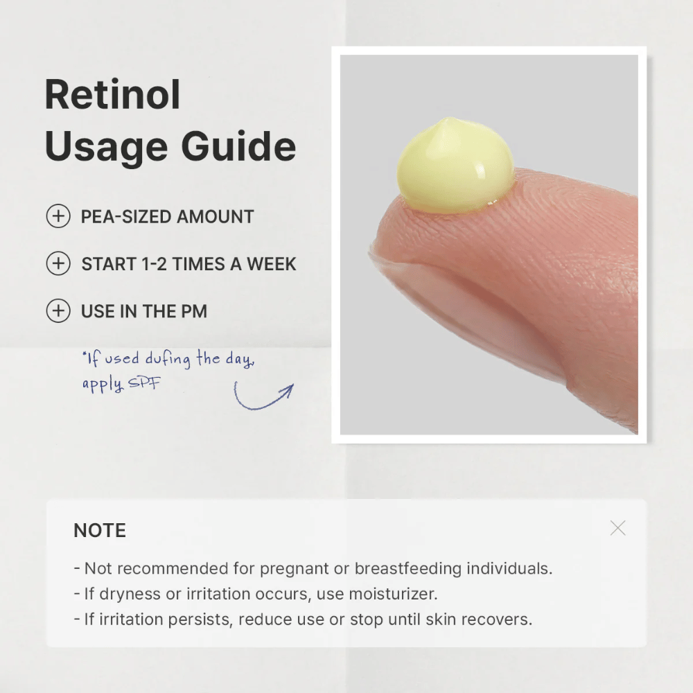 Guide image explaining how retinol should be introduced into the skincare routine. The focus is on using a pea-sized amount, starting 1–2 times per week, and applying in the evening. The image also contains important information about caution during pregnancy, breastfeeding, and possible irritation.