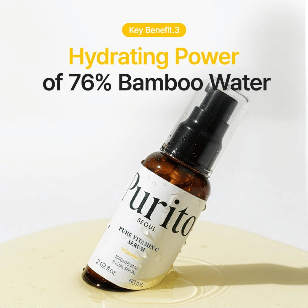 Purito SEOUL Pure Vitamin C Serum with 76% bamboo water, which helps hydrate the skin while the serum provides radiance.