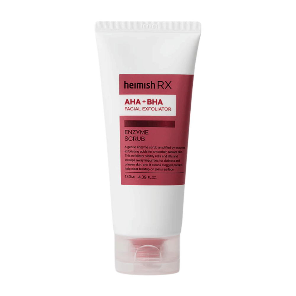 Heimish RX AHA + BHA Enzyme Scrub in a white tube with a red label. A facial exfoliator containing AHA and BHA to remove impurities and improve skin texture. The product is placed against a white background.