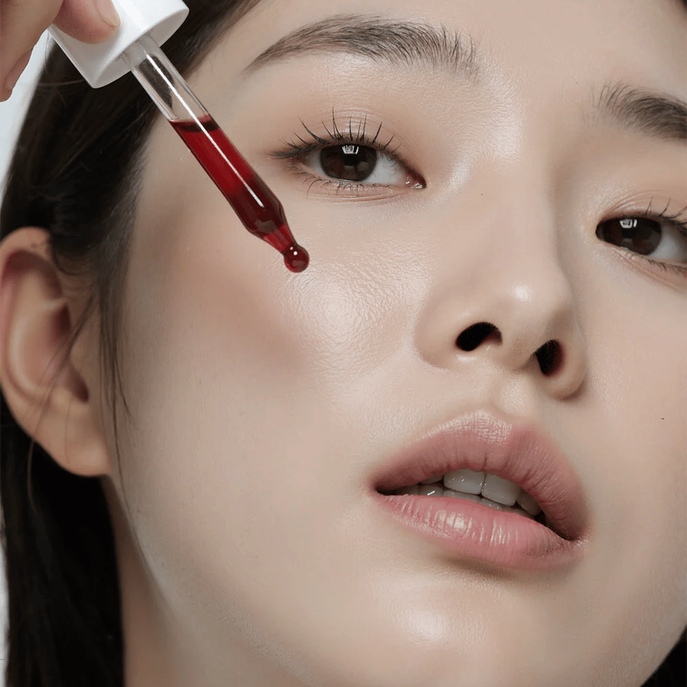 Close-up of a woman with smooth skin applying Heimish RX AHA BHA 30% Peeling Serum with a dropper, where a red drop is about to hit her cheek.