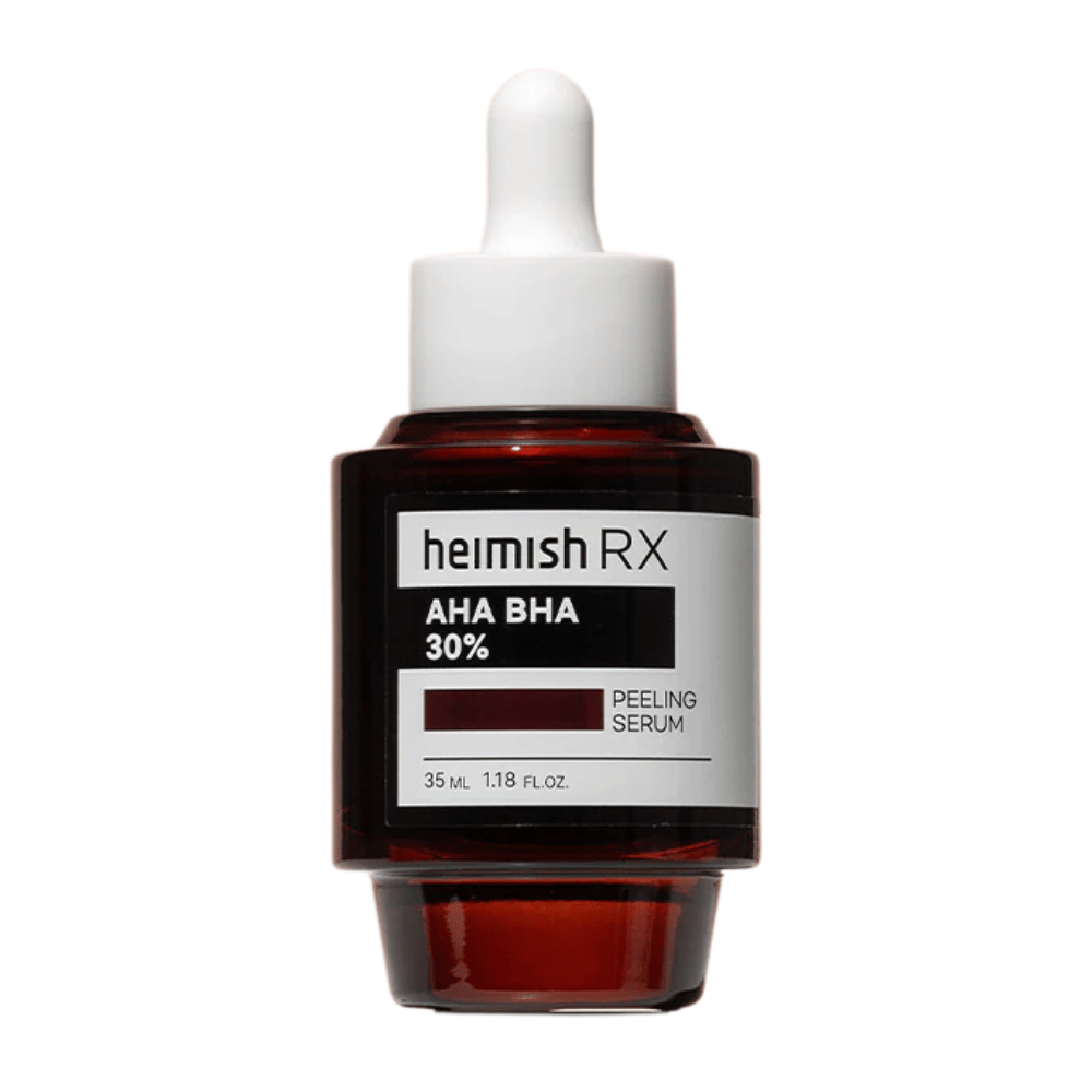 Heimish RX AHA BHA 30% Peeling Serum in a dark red glass bottle with a dropper, designed for exfoliation and improved skin texture.