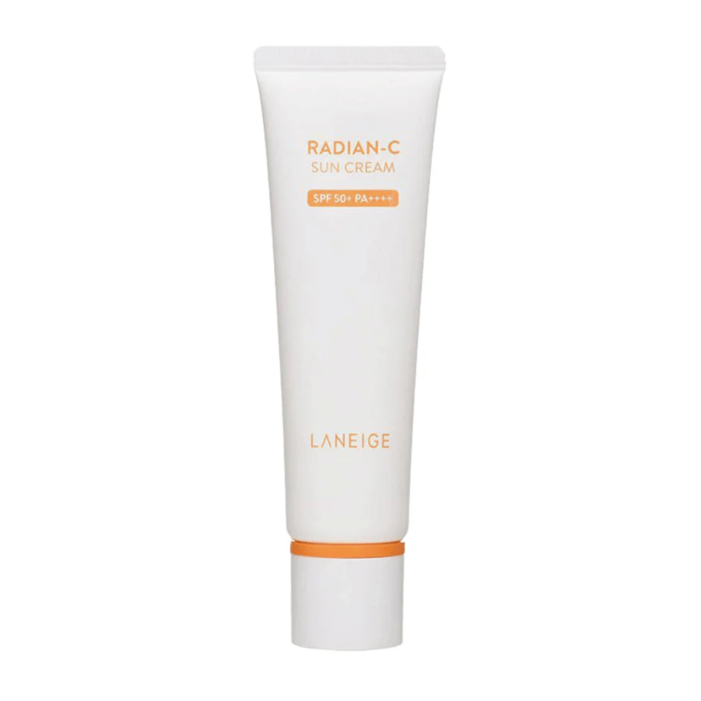 LANEIGE Radian-C Sun Cream SPF 50+ PA++++ in white tube with orange text, isolated against a white background.