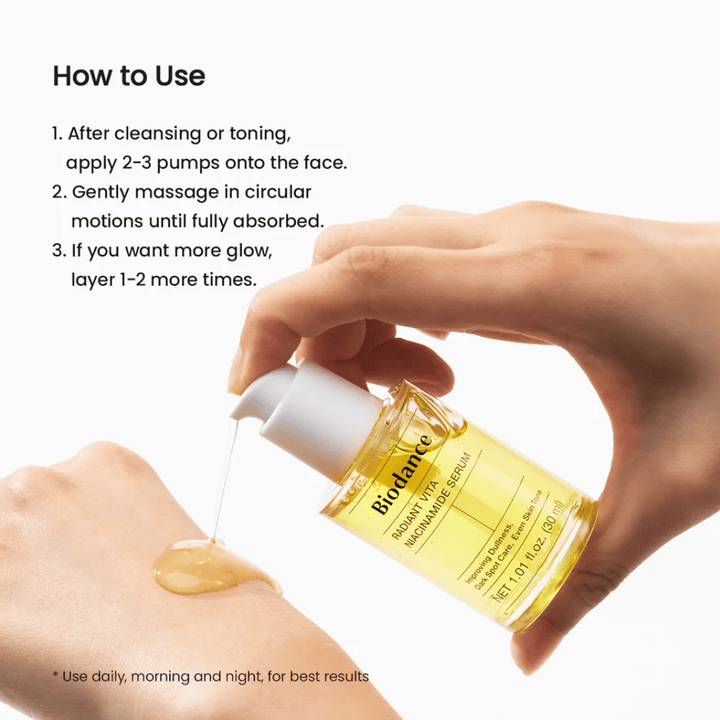 Biodance Radiant Vita Niacinamide Serum applied on hand – how to use the serum after cleansing for a more even skin tone and radiance