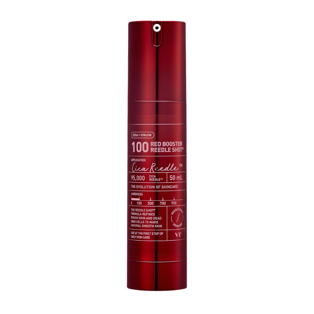 VT Cosmetics Red Booster Reedle Shot 100 microneedling serum in red bottle on white background, 50 ml, developed for exfoliation, skin renewal, and improved absorption in the skincare routine.