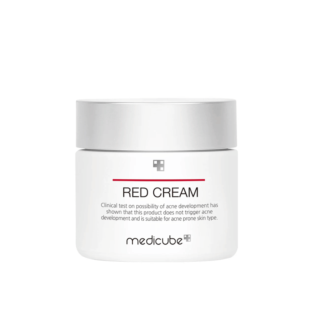 medicube Red Cream 50ml in a white jar with a silver lid – developed for acne-prone skin and tested to not cause new breakouts.