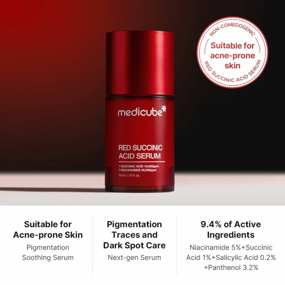 Medicube Red Succinic Acid Serum in a red pump bottle, developed for acne-prone skin. Contains 5% niacinamide, 1% succinic acid, 0.2% salicylic acid, and 3.2% panthenol to reduce pigmentation spots and soothe the skin.